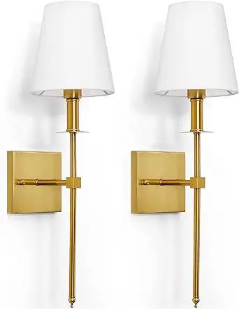 GRATESOLA Wall Sconces Set of 2 Classic Rustic Wall Lighting Gold Wall Lamps with White Fabric Sh... | Amazon (US)