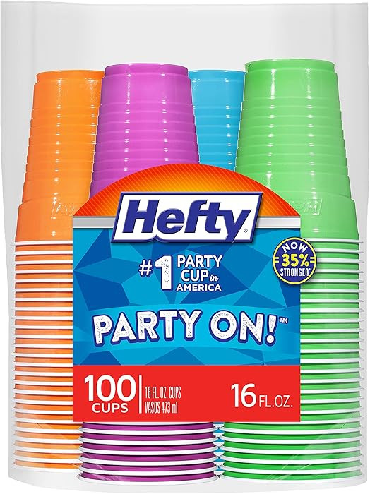 Hefty Party On Disposable Plastic Cups, Assorted, 16 Ounce, 100 Count | Amazon (US)