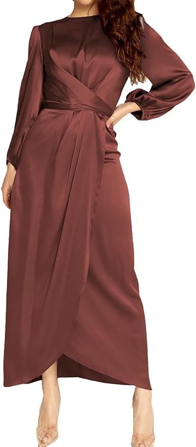 PINUPART Women's Elegant Empire Waist Long Sleeve Satin Maxi Dress | Amazon (US)