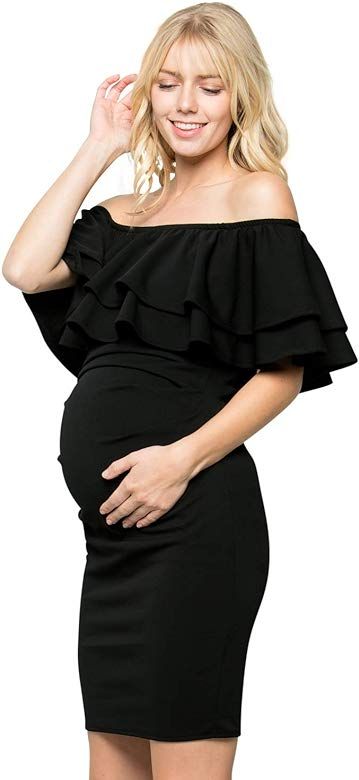 Double Layer Ruffle Maternity Dress-Fitted Off-Shoulder Baby Shower Pregnancy | Amazon (US)