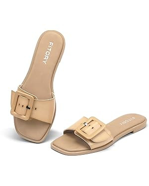 FITORY Women's Flat Sandals Fashion Square Toe Slides with Adjustable Buckles for Summer | Amazon (US)