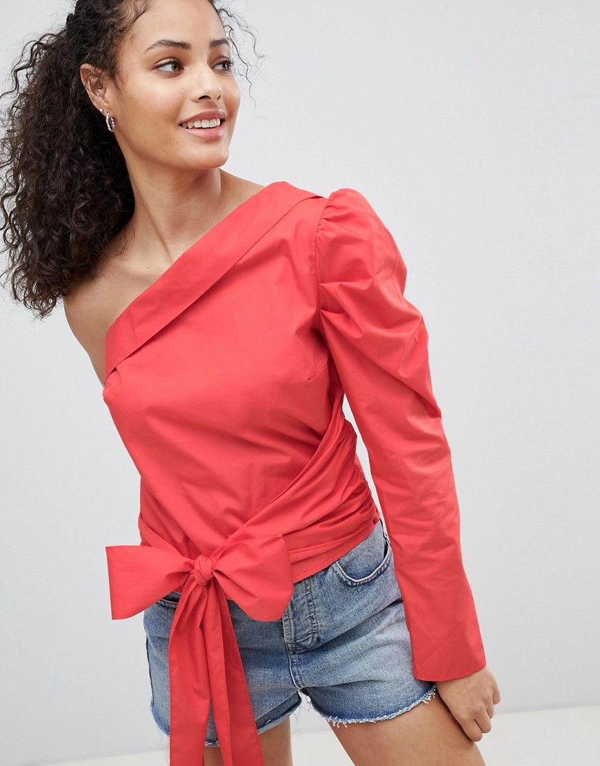 Miss Selfridge One Shoulder Tie Waist Blouse - Red | ASOS US