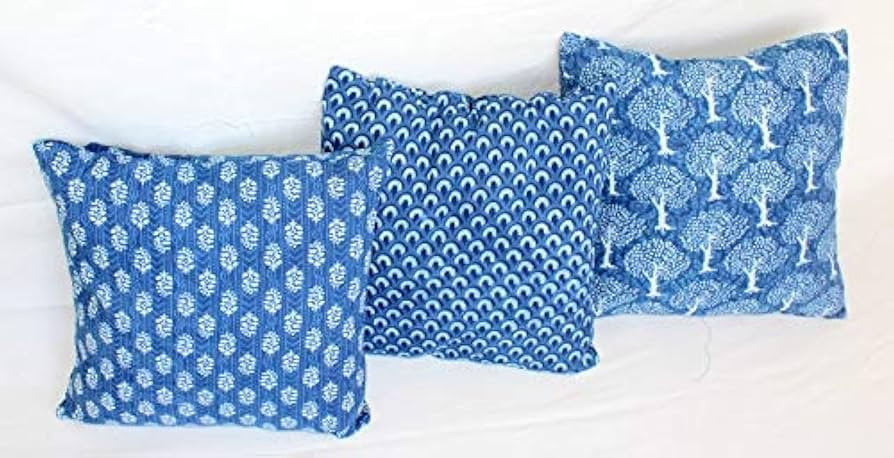 Traditional Jaipur Set of 3 Hand Block Print Indigo Fabric Indian Cushions Pillow Covers Decorati... | Amazon (US)