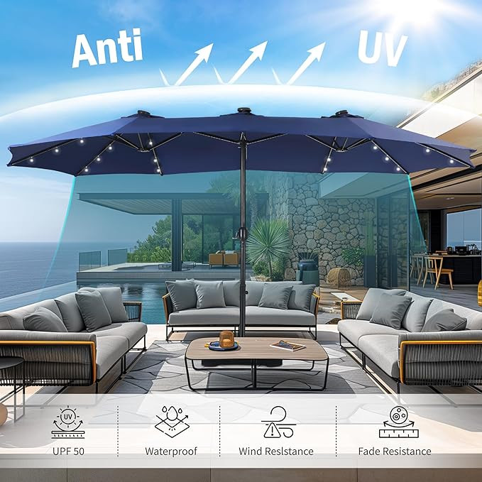 MFSTUDIO 15ft Double Sided Patio Umbrella with Solar Lights, Outdoor Large Umbrellas with Crank H... | Amazon (US)