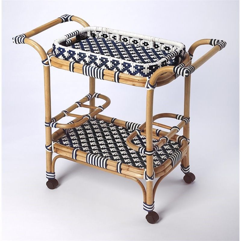 Butler Specialty Selena Rattan Bar Cart in Blue and White | Homesquare