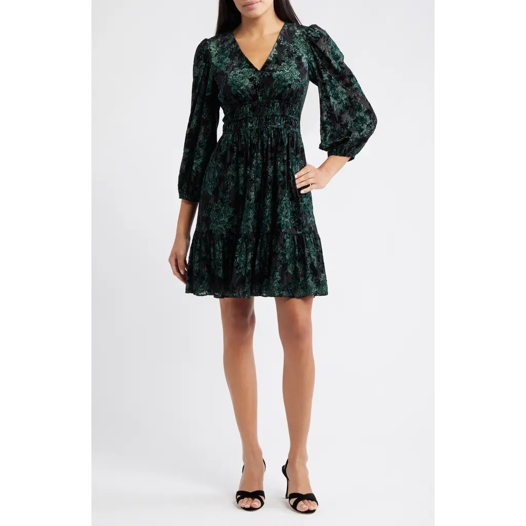 Eliza J Velvet Floral Long Sleeve Dress in Hunter at Nordstrom Rack, Size 14 | Nordstrom Rack