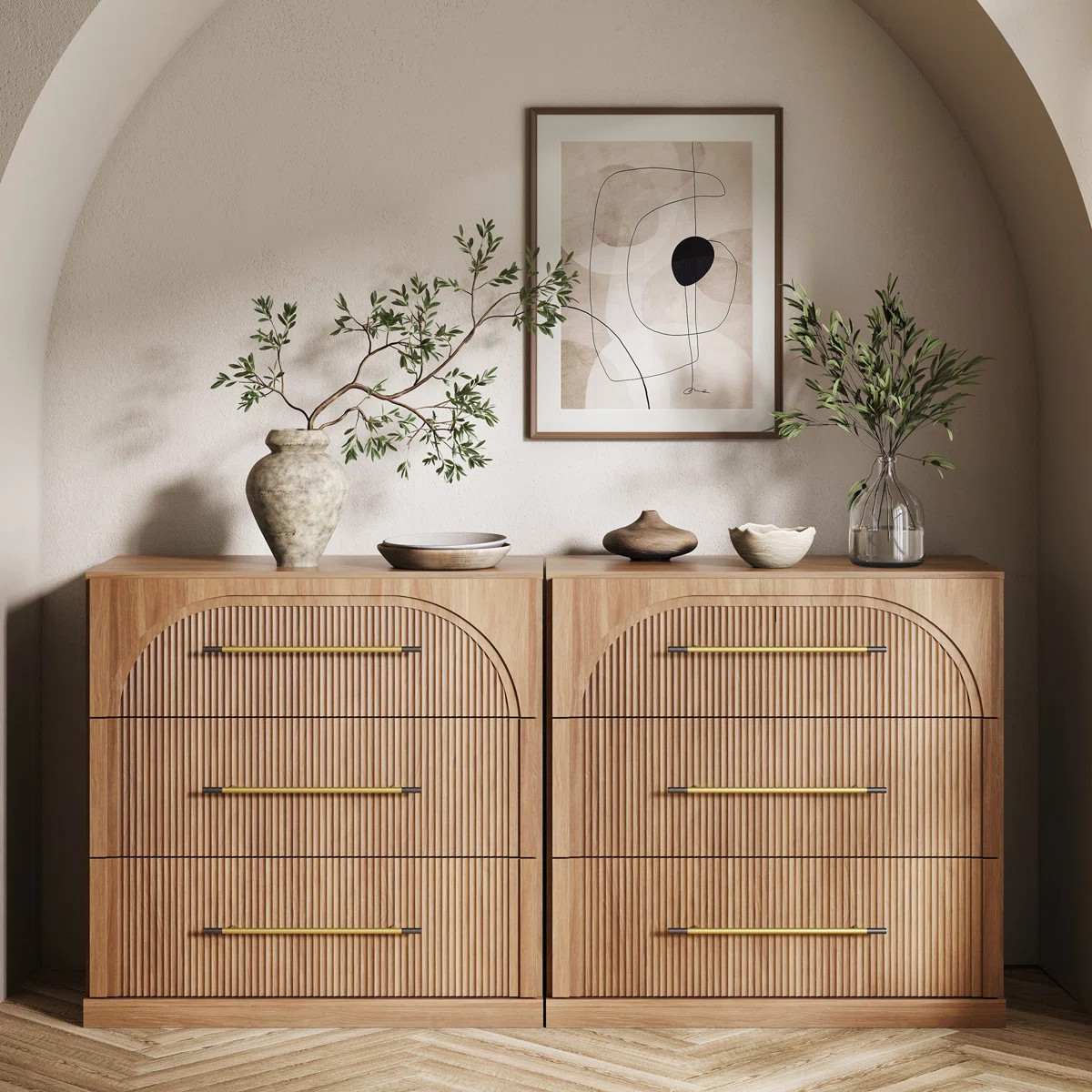 Set of 2 Fluted Modular Sideboard Cabinet with 3 Drawers, Camel (Set of 2) | Wayfair North America