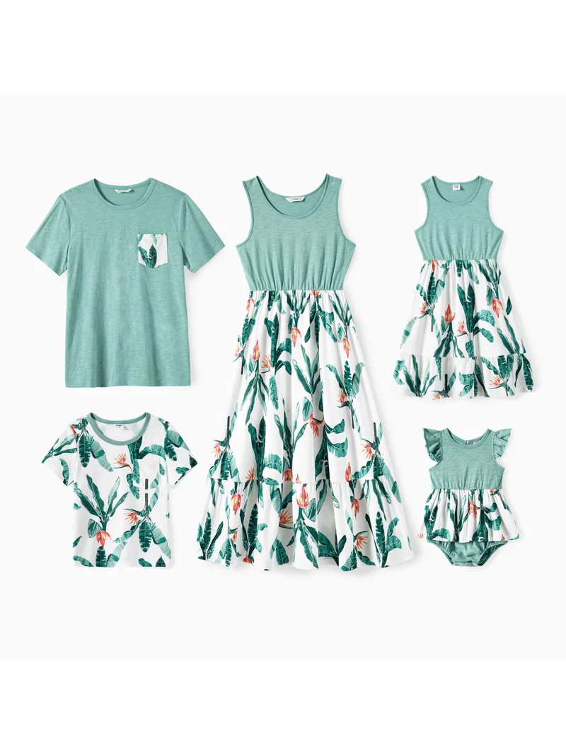 PatPat Family Matching Plant Print Panel Ruffle Hem Tank Dresses and Short-sleeve T-shirts Sets, ... | Walmart (US)