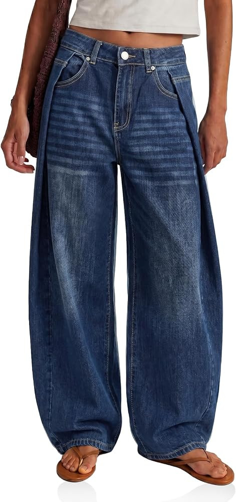 Flowyair Womens Baggy Pleated Jeans High Waisted Wide Leg Y2K Denim Pants | Amazon (US)
