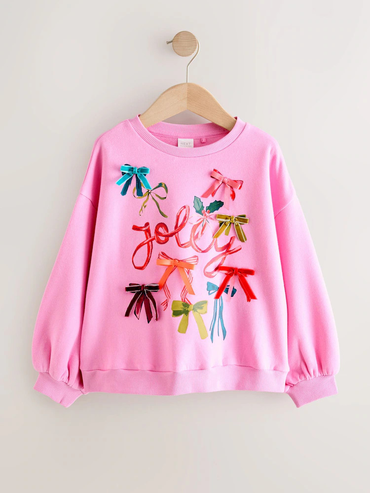 Pink Bow Jolly Christmas Jumper Sweatshirt (3-16yrs) | Next US