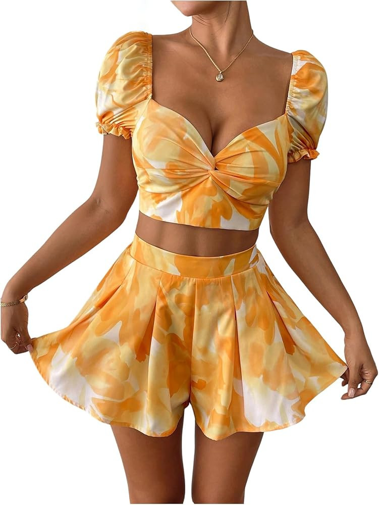 Milumia Women's Boho 2 Piece Outfit Floral Print Sweetheart Neck Puff Sleeve Crop Top Skirt Set | Amazon (US)