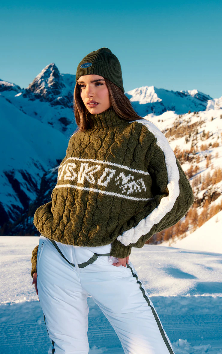 PRETTYLITTLETHING Khaki Jacquard Apres Ski Oversized Jumper | PrettyLittleThing UK