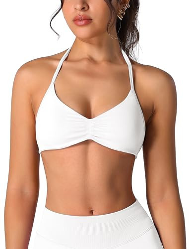 ABOCIW Sports Bras for Women Seamless Workout Halter Gym Bra Padded Backless Light Impact Strappy Bra Yoga Crop Top #1 White Small | Amazon (US)