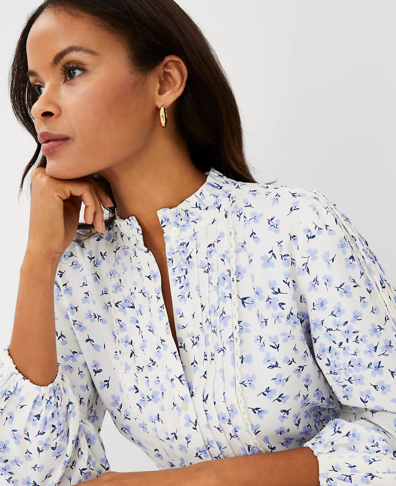 Floral Pintucked Mixed Media Top | Ann Taylor (US)