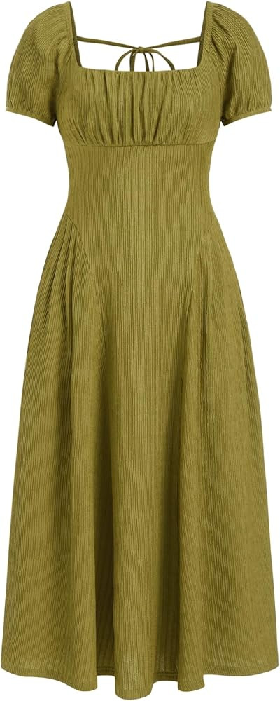 CIDER Square Neck Midi Dresses Puff Short Sleeves Tie Back Regency Vintage Maxi Dresses Smocked W... | Amazon (US)