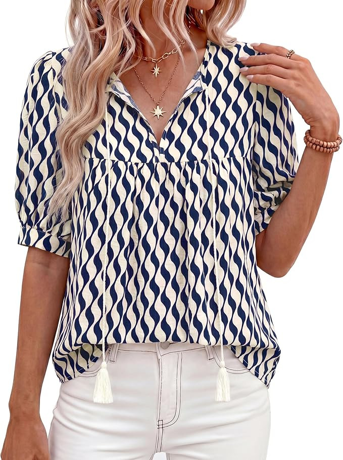 PRETTYGARDEN Womens Summer Boho Tops 2026 Tie Front V Neck Print Loose Fit Short Sleeve Peasant B... | Amazon (US)