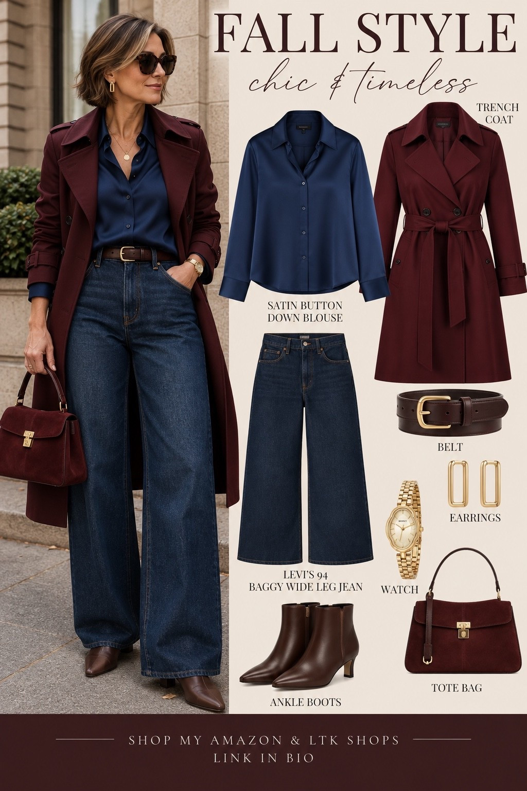 Chic, timeless & made for fall. 🍂🤎 This color combination has me hooked—rich burgundy, deep navy, dark denim and chocolate brown come together for an elevated look that still feels effortless and wearable.

I love finding pieces that look polished without feeling overly trendy, so you can wear them season after season. The trench is the statement, while the satin blouse, wide-leg jeans and classic accessories pull everything together.

✨ Shop the full look in my Amazon Storefront & LTK

#LTKootd #LTKSeasonal #LTKOver40