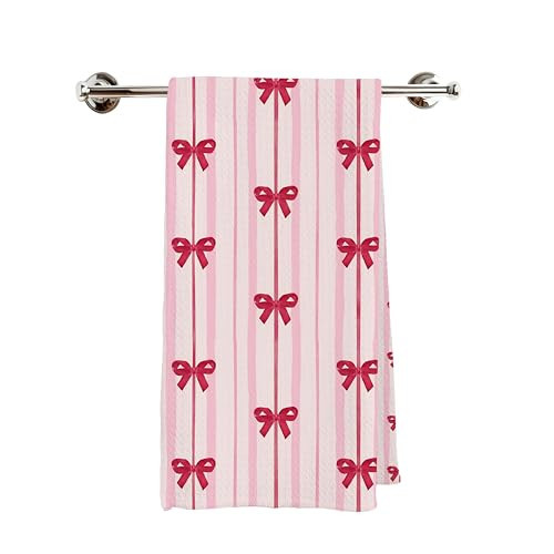 WNAGT Coquette Red Bow Valentine's Day Kitchen Towels, Valentine's Day Gifts for Her Wife, Preppy Pink Striped Bow Decorative Dish Tea Hand Towels for Kitchen Bathroom, 16x24 Inch | Amazon (US)