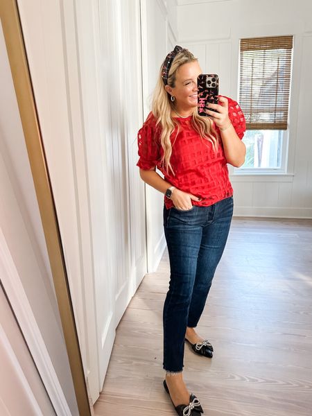 Perfect red top for the holiday season. Wearing a small and this one runs snug. I’d suggest sizing up. Wearing a 26 in the jeans. Code FANCY15 for 15% off all  

#LTKshoecrush #LTKHoliday #LTKstyletip