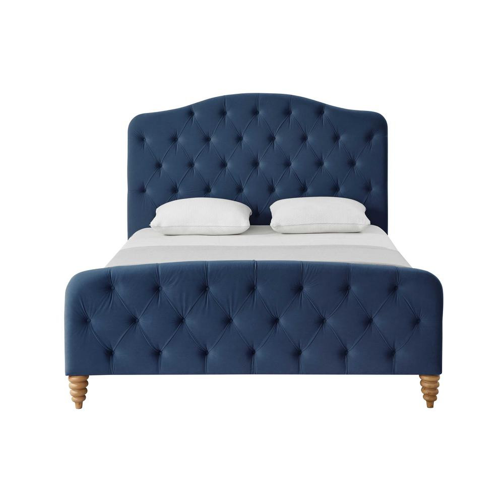 Shabby Chic Boucher Navy Linen King Bedframe with Tufted Headboard, Blue | The Home Depot