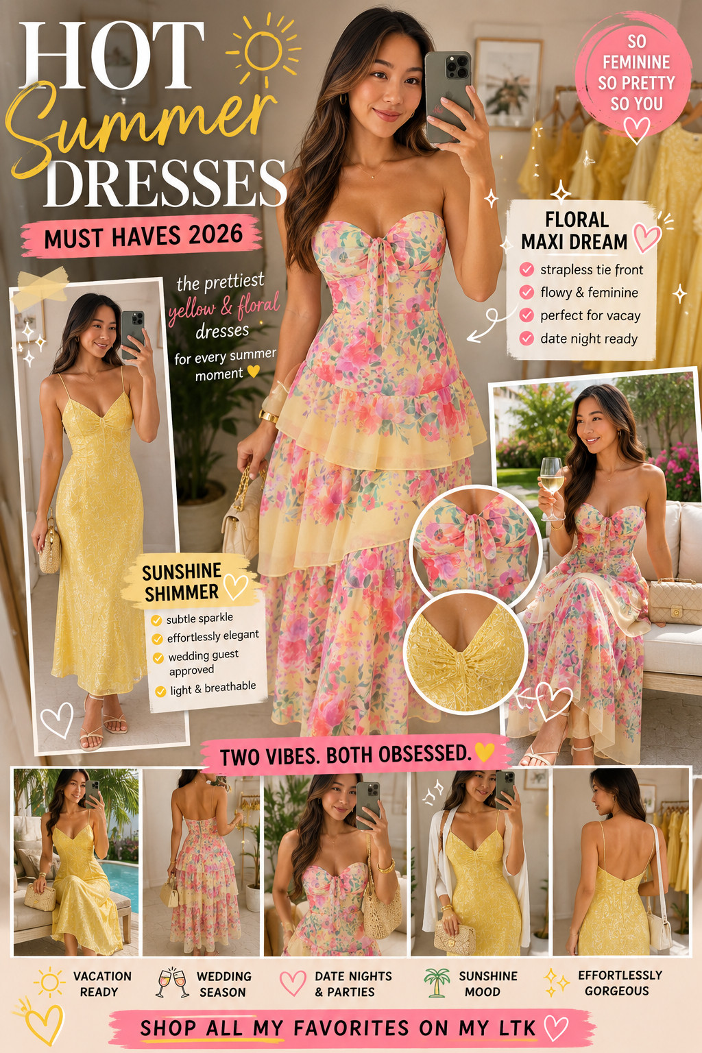 Yellow and Pink floral dresses are the moment for summer 2026. Linking my favorite feminine summer dresses for vacations, weddings, brunch, date nights, and every sunny occasion. These are so pretty, flowy, and easy to style all season long. #floral #summer #dresses #wedding 

 #LTKgrwm #LTKSeasonal #LTKWedding