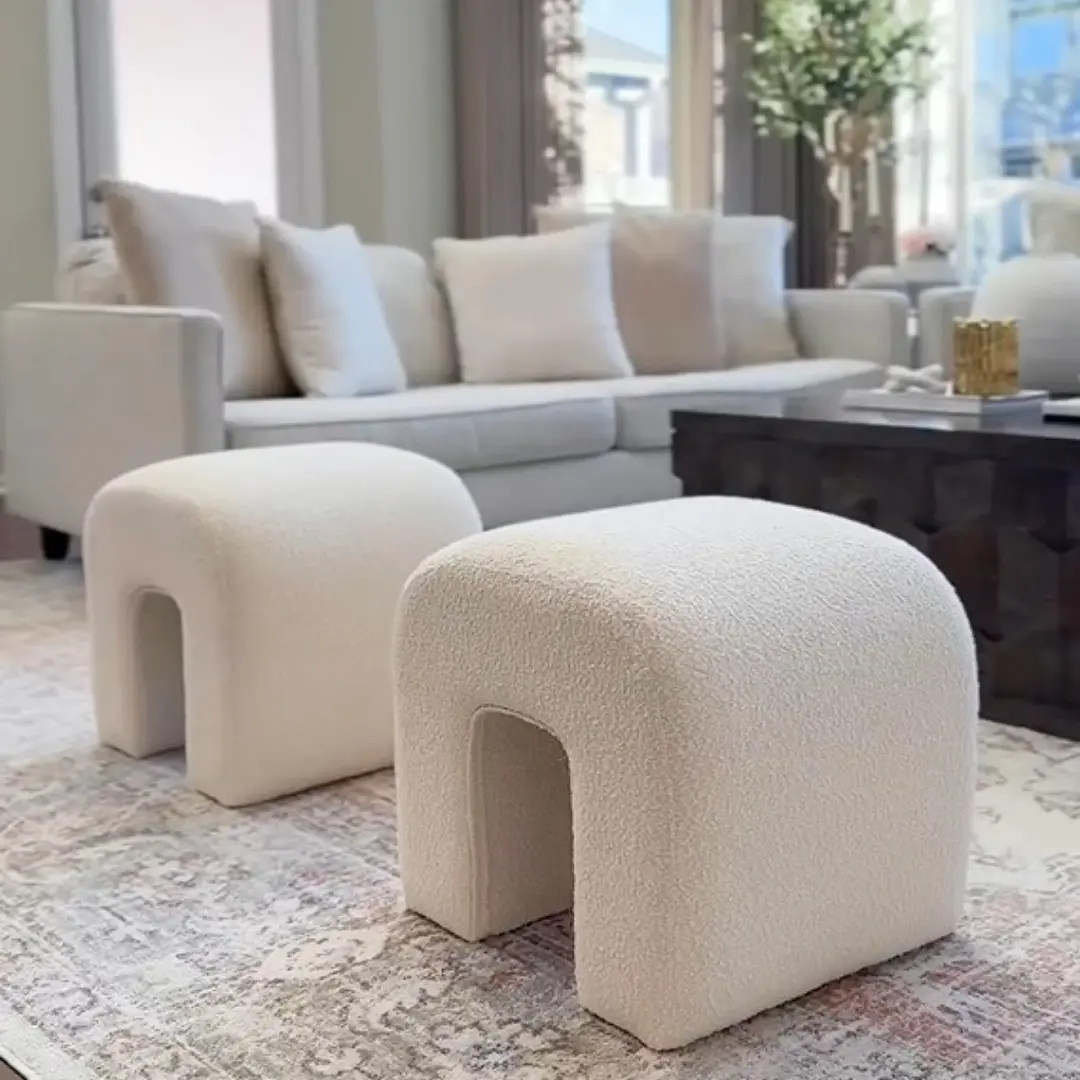 Lily 18'' Beige Boucle Upholstered Waterfall Ottoman (1-Piece) | Pop Maison