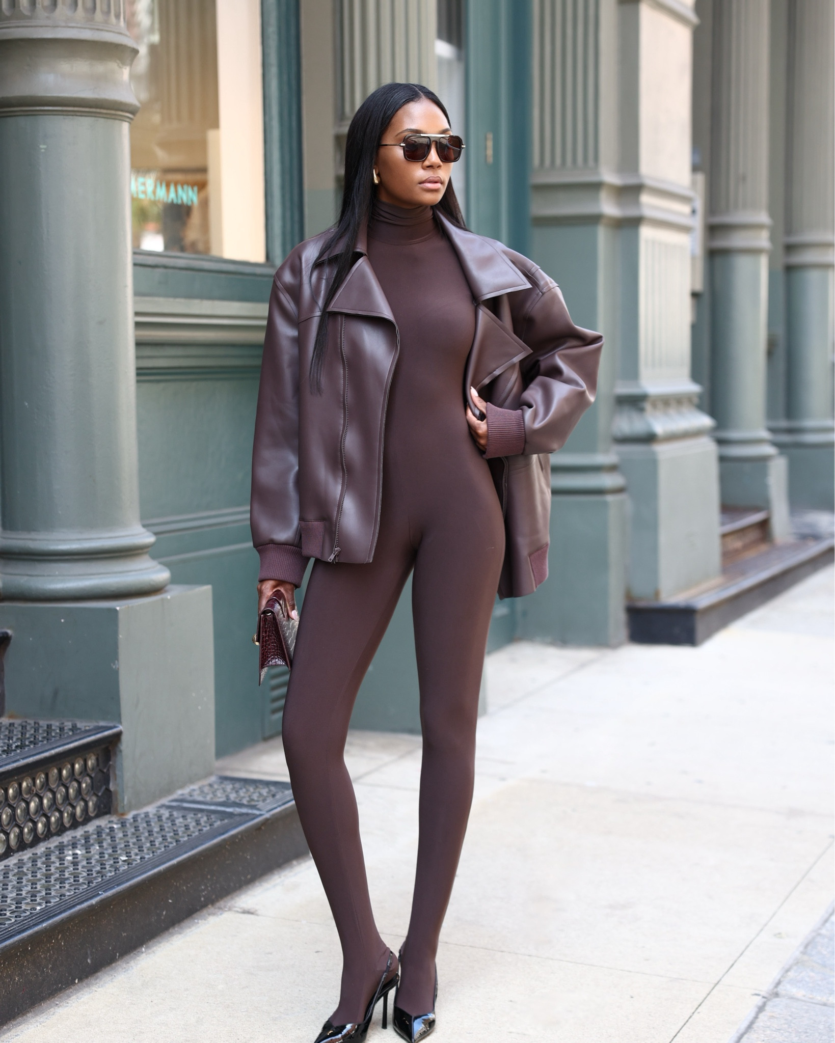 Bodysuit of my dreams ❤️ #normakamali #bodysuit #jumpsuit #brownleatherjacket #brownbodysuit 

#LTKShoeCrush #LTKStyleTip