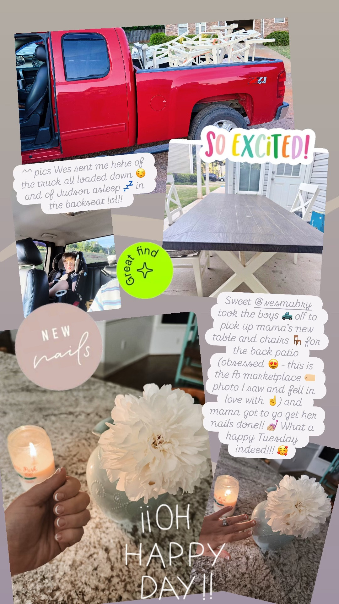 Sweet @wesmabry took the boys 🛻 off to pick up mama’s new table and chairs 🪑 for the back patio (obsessed 😍 - this is the fb marketplace 🏷️ photo I saw and fell in love with ☝️) and mama got to go get her nails done!! 💅🏼 What a happy Tuesday indeed!!! 🥰