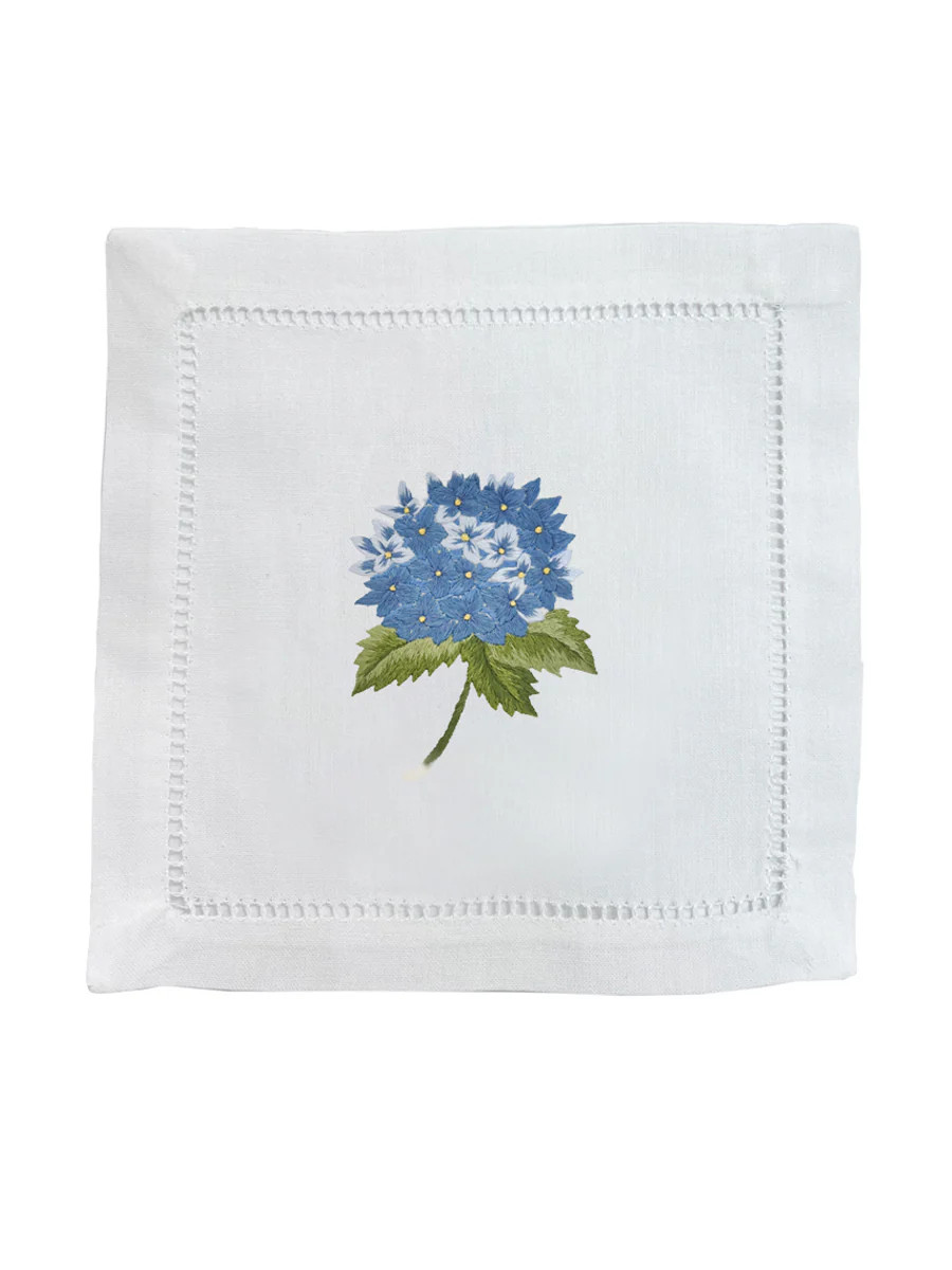 Cocktail Napkins, Embroidered, French Hydrangea (Capri Blue), Set of 4 | Jacaranda Living