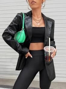 SHEIN EZwear Button Front Lapel Collar PU Leather Blazer SKU: sw2206092655372475(96 Reviews)$32.4... | SHEIN