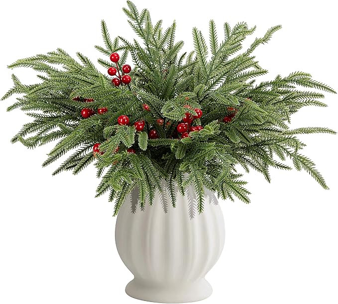 Watayo 60 Pcs Christmas Norfolk Pine Branches with Red Berry Stems, 14" Artificial Greenery Norfo... | Amazon (US)