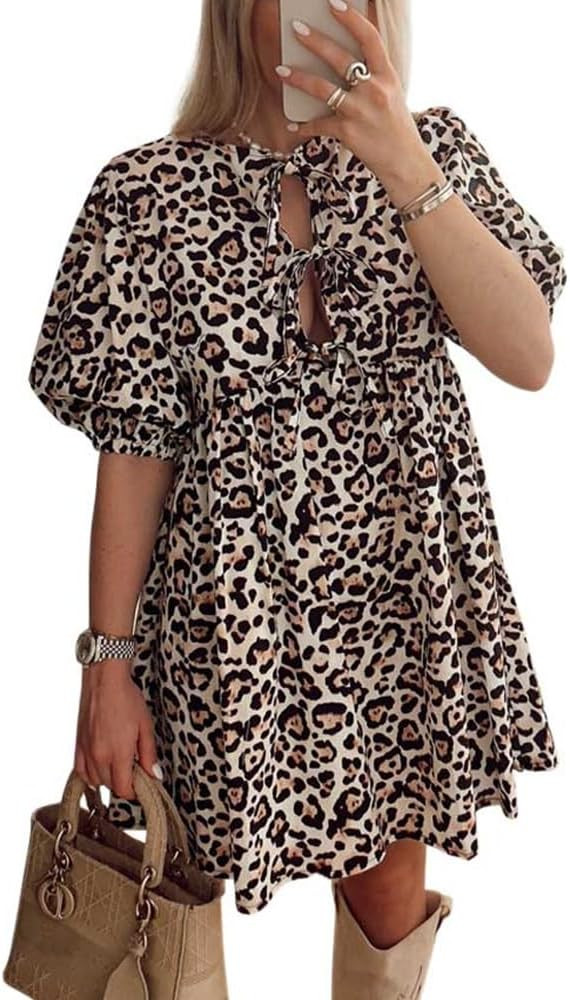 Women Casual Summer Puff Sleeve Mini Dress Bow Tie Front Y2K Babydoll Cut High Waist Peplum Dress | Amazon (US)