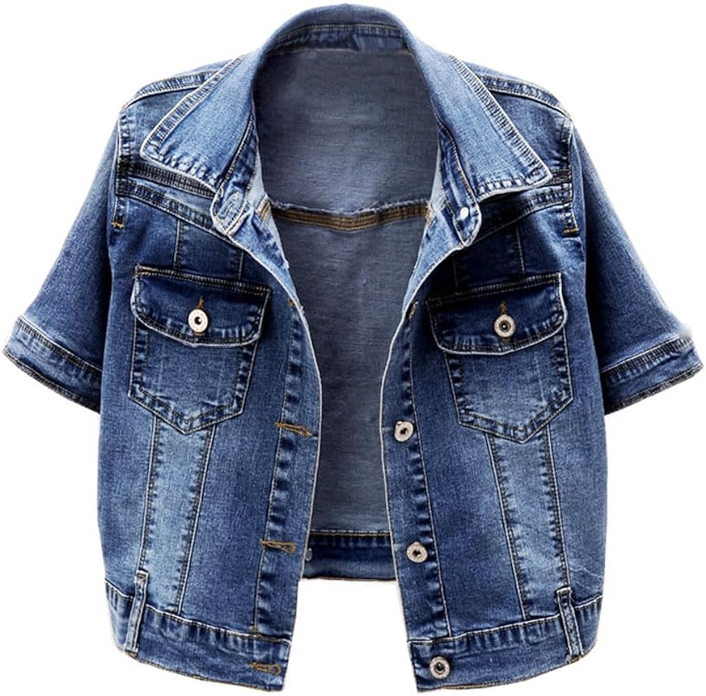 Women Short Sleeve Denim Jacket Button Down Shawl Stretch Denim Jean Jacket | Amazon (US)