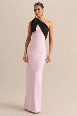 Adara | Pink & Black Asymmetric-Neck Maxi Dress With Bow-Detail | Club L London