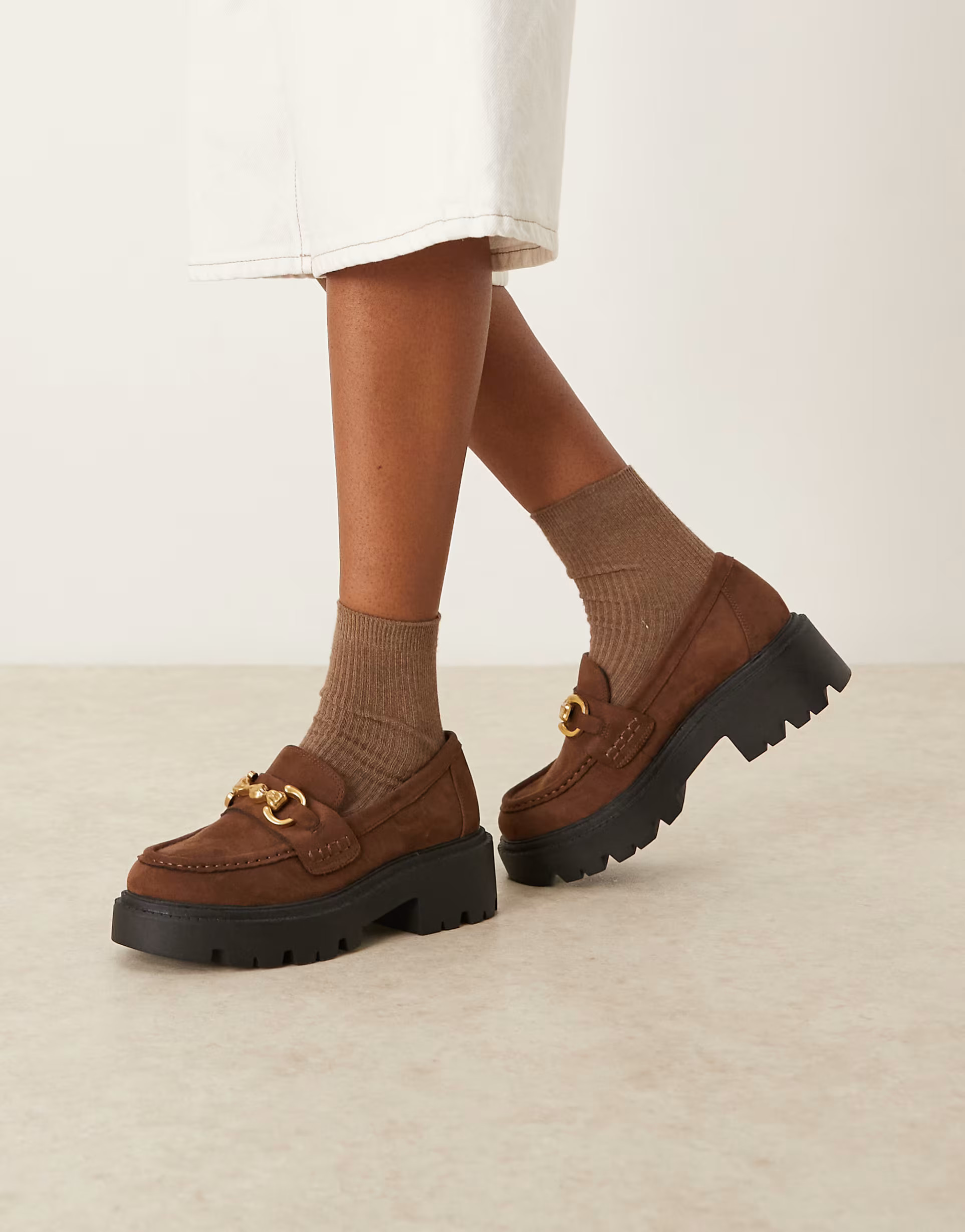 ASOS DESIGN Milan chunky chain detail loafers in chocolate suedette | ASOS (Global)
