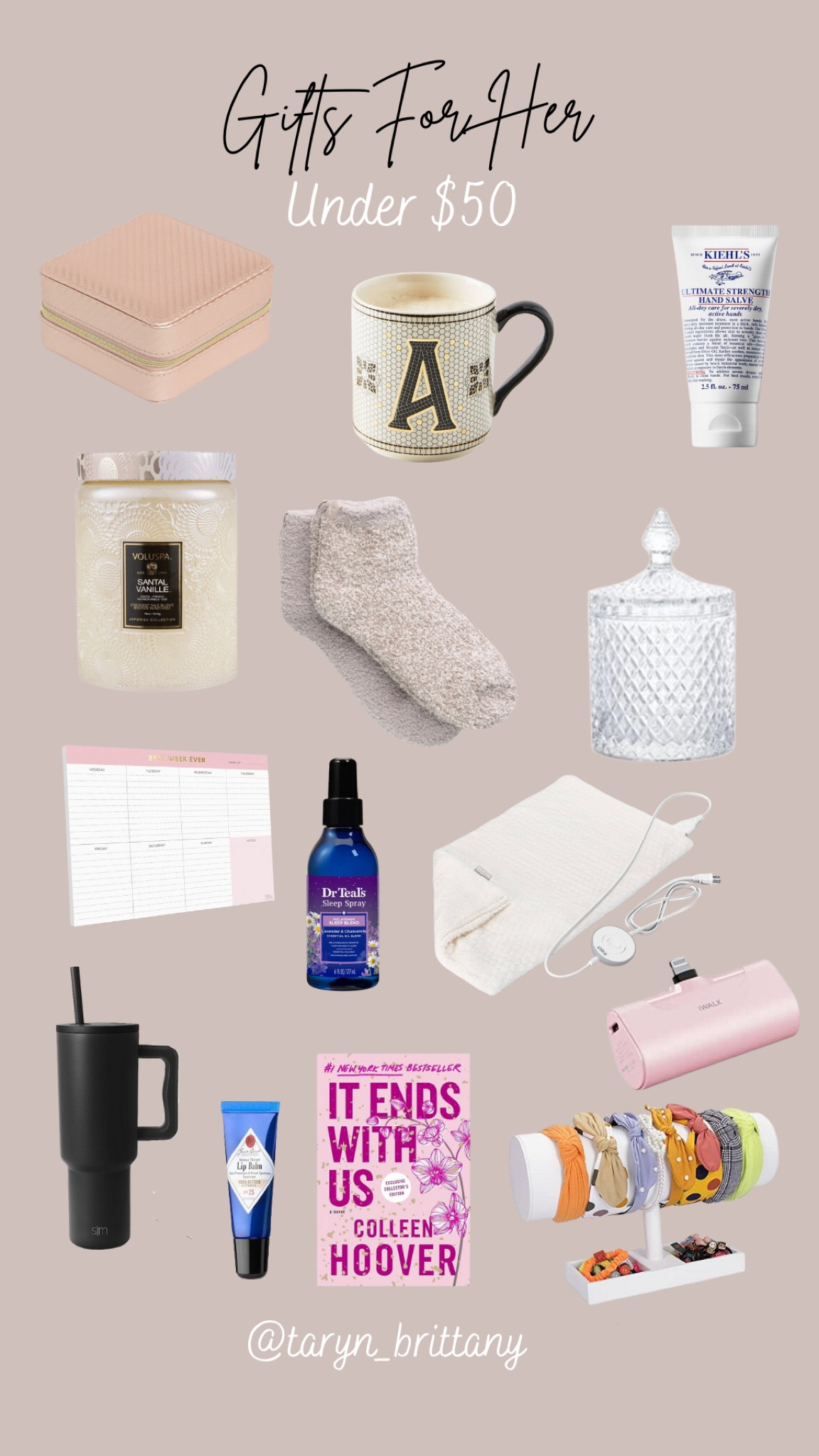 Gifts for Her: Under $50💗

Travel jewelry organizer
Monogram mug 
Hand cream 
Candle 
Barefoot dreams socks 
Decorative glass jar 
Daily planner 
Sleep spray 
Faux fur heating pad 
40oz water mug 
Lip balm 
Book 
Portable phone charger 
Headband organizer 

Christmas gifts 
Christmas presents 
Affordable gifts 
Gift ideas for her 

#LTKfindsunder50 #LTKGiftGuide #LTKHoliday