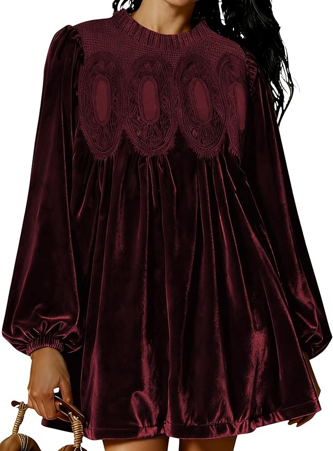 Womens A-Line Velvet Lace Overall Pleated Swing Babydoll Casual Skirtall Scallop Neck Flared Wedd... | Amazon (US)