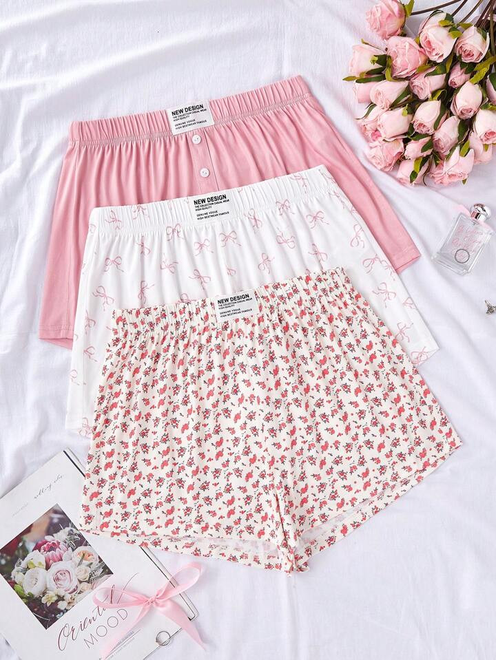 Shein Underwear&Sleepwear Basics 3pcs Women's Printed Casual Sleep Shorts Set | SHEIN