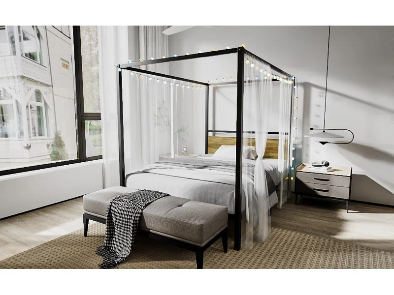 Metal Canopy Bed Frame with Wooden Headboard | Wayfair North America
