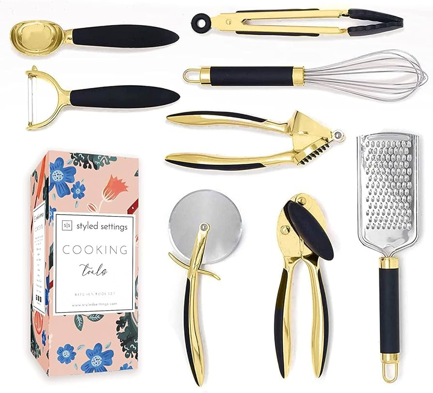 Black and Gold Tool Set- Luxe 8PC Kitchen Gadget Set with Anti-Slip Handles, Gold Utensils Set - ... | Amazon (US)