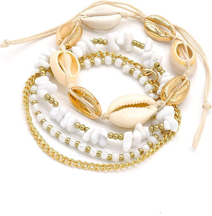 Qceasiy Shell Ankle Bracelet Set for Women, Gold Plated Boho Bead Adjustable Anklet, Hawaiian Bea... | Amazon (US)