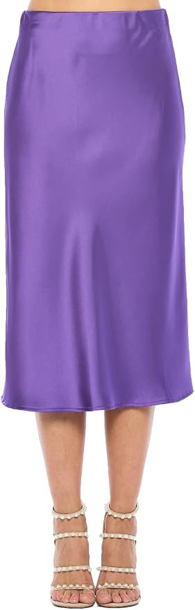 Women Solid Satin High Waist Elastic A Lined Midi Skirt - Made in USA | Amazon (US)