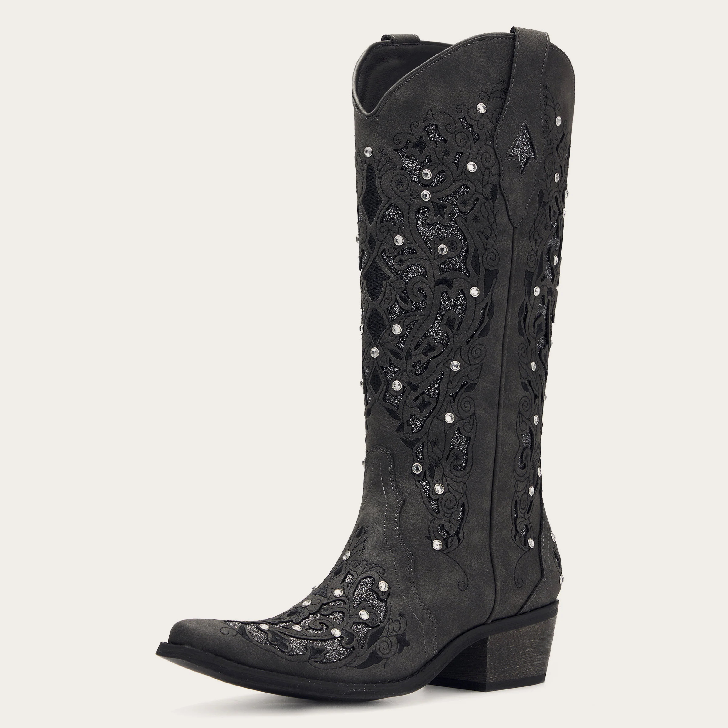 Ballou - Black Embroidered Cowgirl Boots with Rhinestone Accents | REDTOP