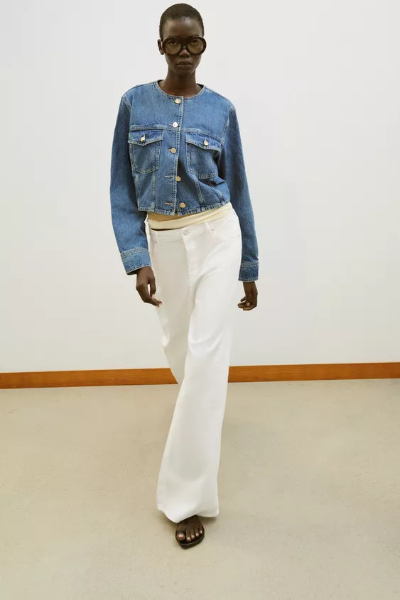 Short round neck long sleeve jacket. Front flap patch pockets. Front button closure. | Zara US
