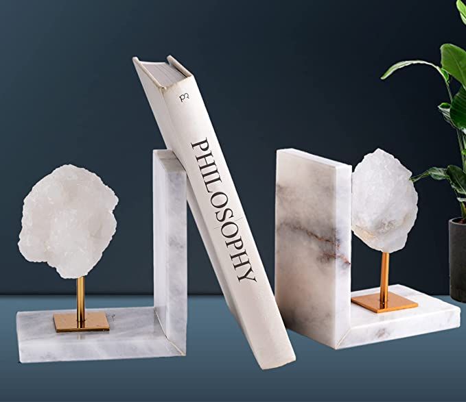 AMOYSTONE Geode Bookends Decorative White Agate Book Ends for Heavy Books Marble Bookends Shelves... | Amazon (US)