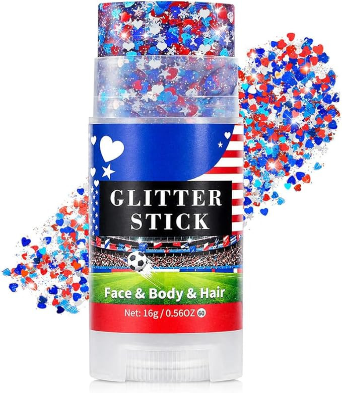 Go Ho Red White and Blue Glitter Stick,Waterproof Star&Heart Face,Body&Hair Glitter,4th of July A... | Amazon (US)