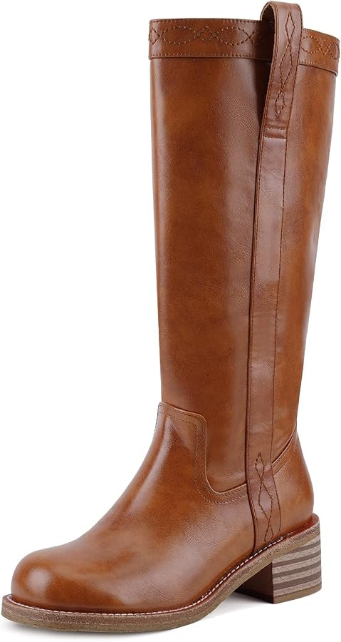UBWDU Womens Knee High Boots Square Toe Platform Chunky Block Heel Banana Campus Boots | Amazon (US)