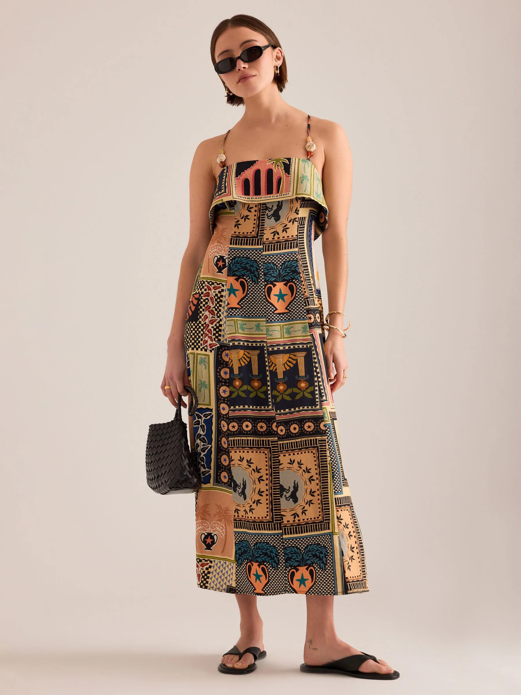 Anthropologie Anthropologie Orange/ Mosiac Pattern Lia Linen-Blend Beaded Strap Midi Dress | Next US