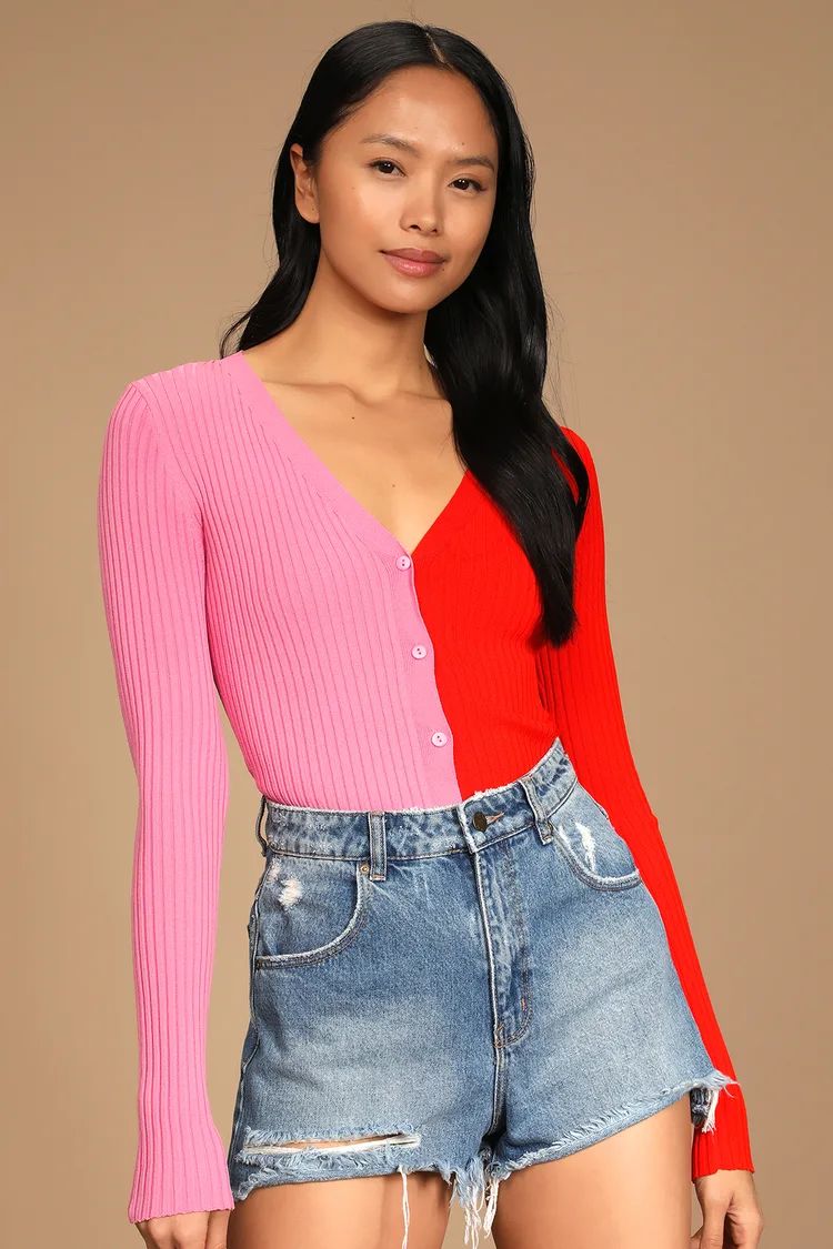 Dynamic Duo Pink and Red Color Block Ribbed Cardigan Sweater | Lulus (US)