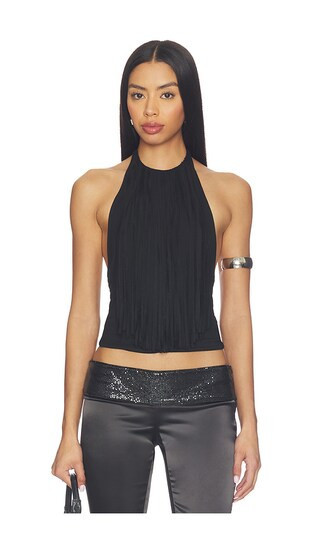 MORE TO COME Leigh Fringe Halter Top in Black. - size XXS | Revolve Clothing (Global)